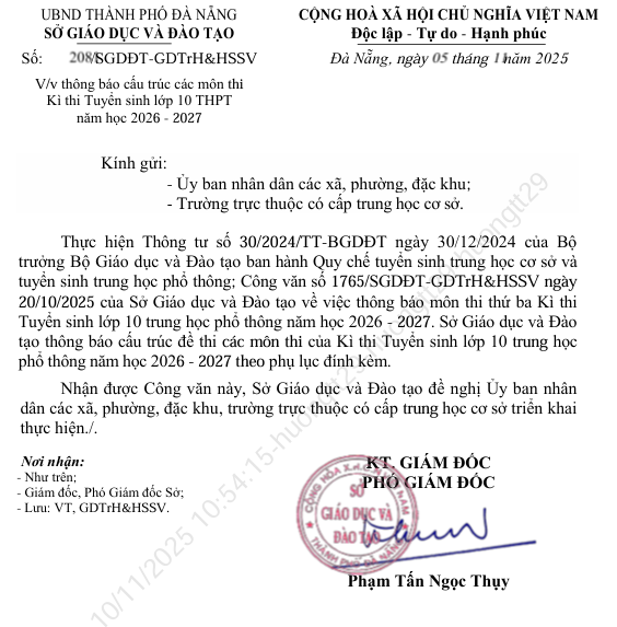 Thông báo cấu trúc đề thi các môn thi Kì thi tuyển sinh lớp 10 THPT năm học 2026-2027