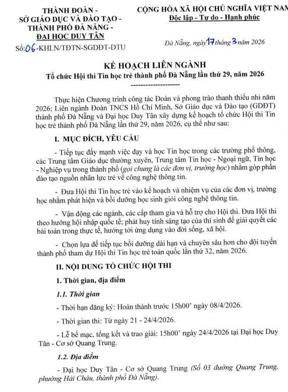 Kế hoạch thi Tin học trẻ thành phố Đà Nẵng - năm học 2025-2026